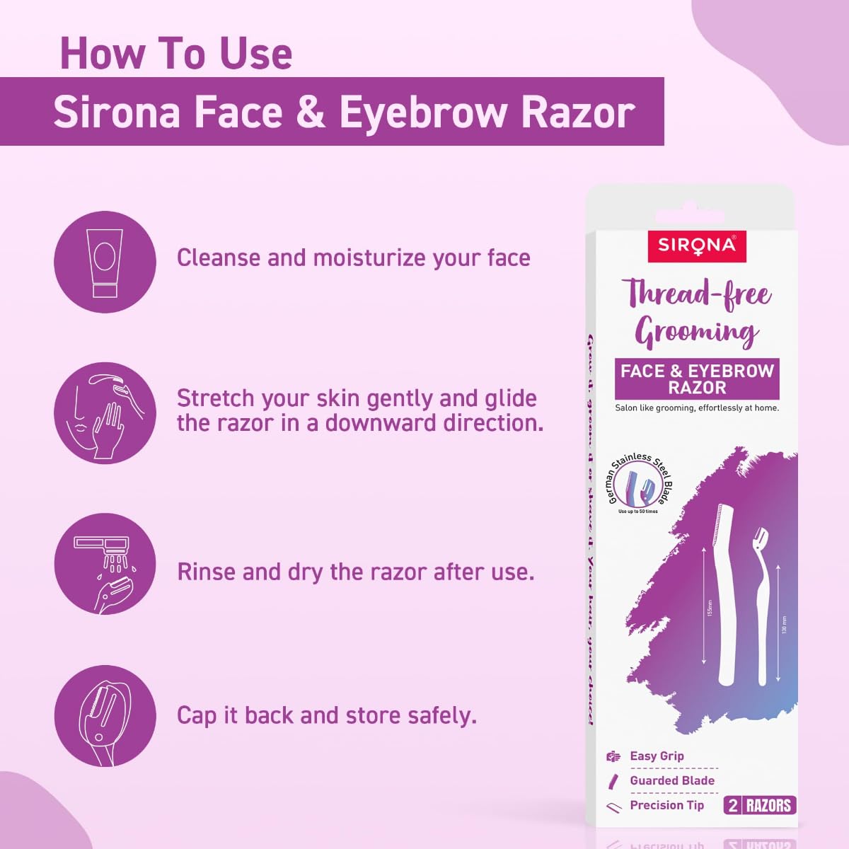 Sirona Reusable Face & Eyebrow Razor Combo for Women | Painless | (Pack of 2) - Image 5