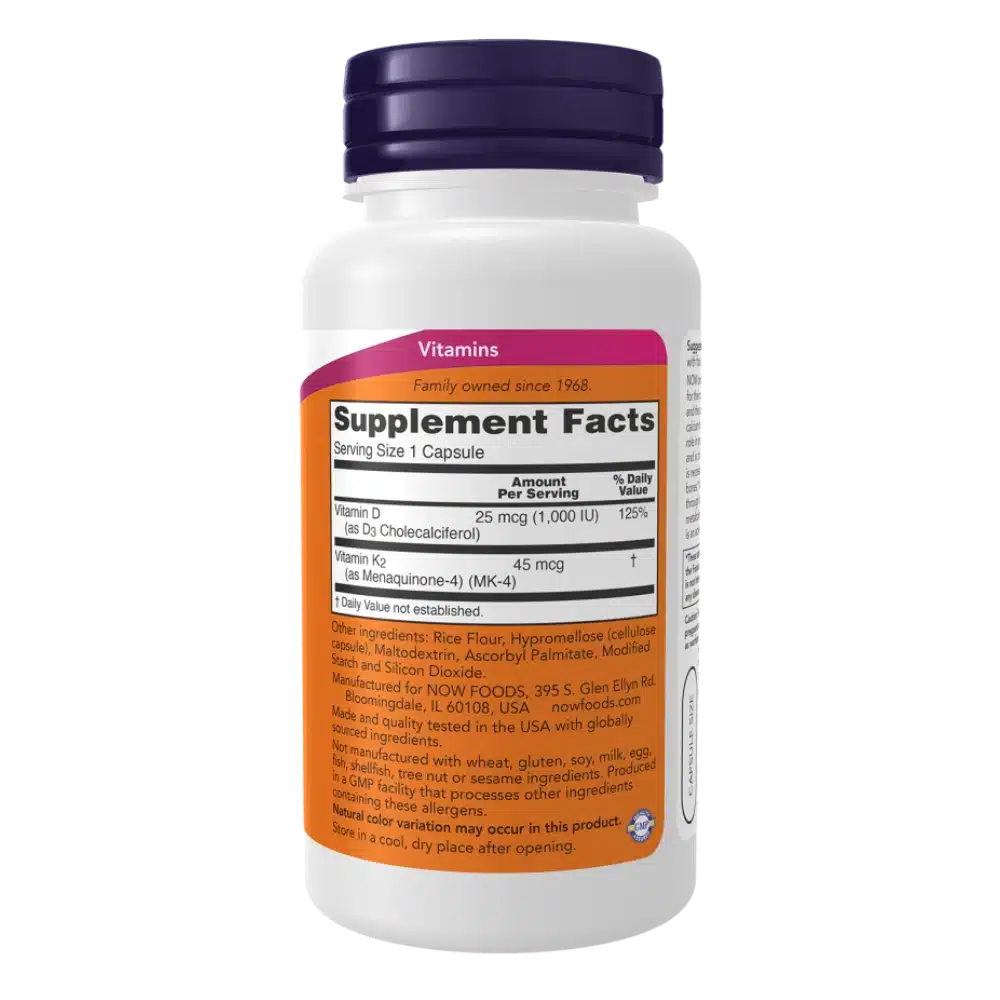 NOW Foods Vitamin D3 K2 120 vegetarian capsules