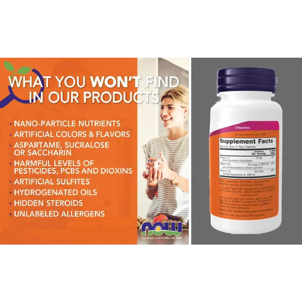 NOW Foods Vitamin D3 K2 supplement for bone and calcium support